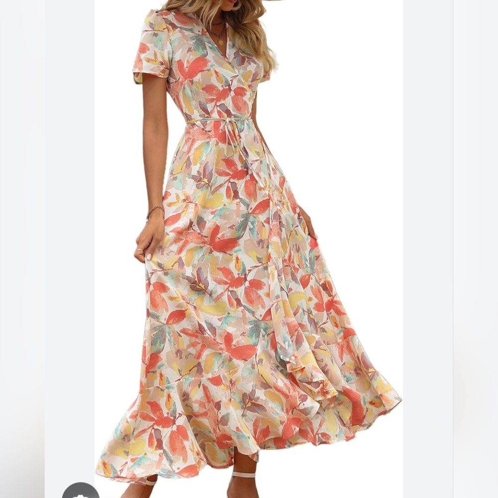 PRETTYGARDEN Women's Summer Wrap Maxi Dress Boho Floral Short Sleeve Small